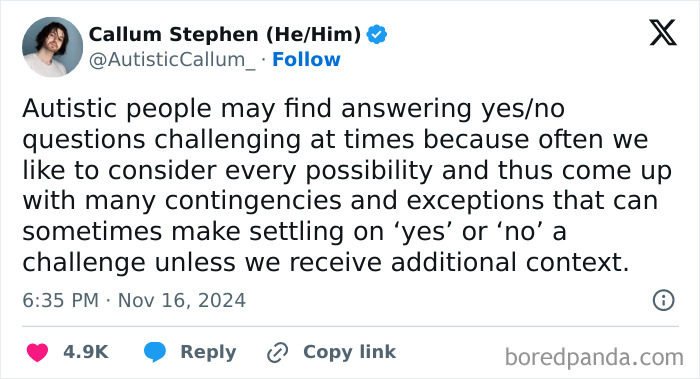Tweet by Callum Stephen discussing challenges neurodivergents face with yes/no questions and interpreting context.