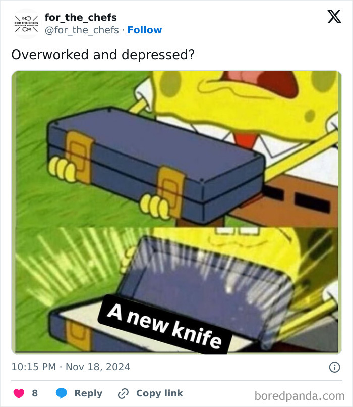 SpongeBob opening a box labeled A new knife in a relatable chef meme about being overworked and depressed.
