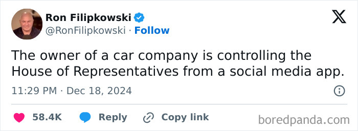 Tweet by Ron Filipkowski critiquing social media app control over the House of Representatives, part of White People Twitter screenshots.