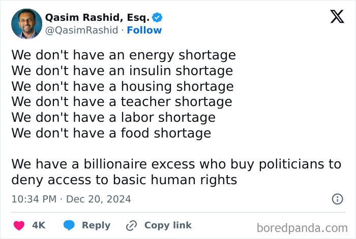 Tweet screenshot from White People Twitter highlighting no shortages but a billionaire excess blocking human rights access.
