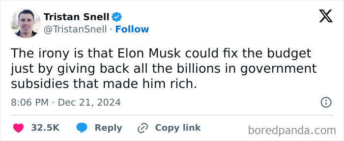 Tweet by Tristan Snell criticizing Elon Musk about government subsidies, illustrating white people Twitter calling out societal issues.