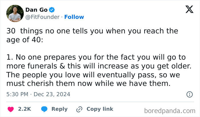Tweet about unexpected truths and increased chaos in life after 40, emphasizing cherishing loved ones.