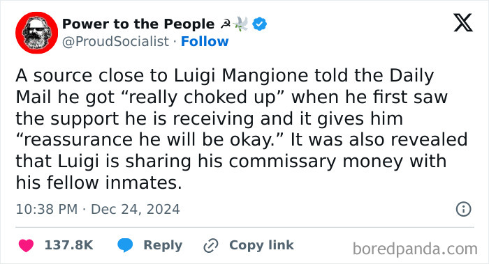 Tweet from White People Twitter discussing Luigi Mangione’s support and sharing commissary money with inmates.