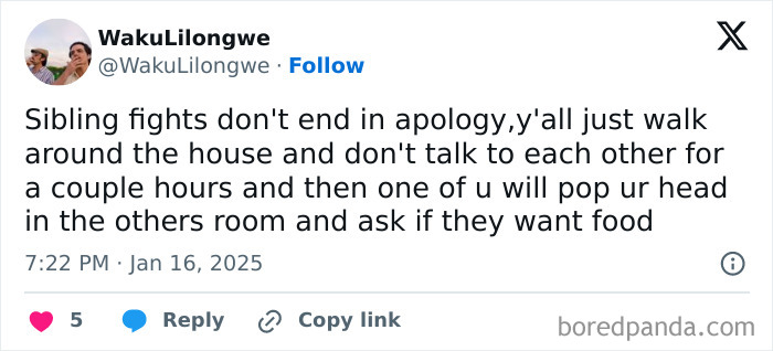 Tweet about sibling fights ending without apology, relatable meme for anyone around 30, highlighting everyday family humor.