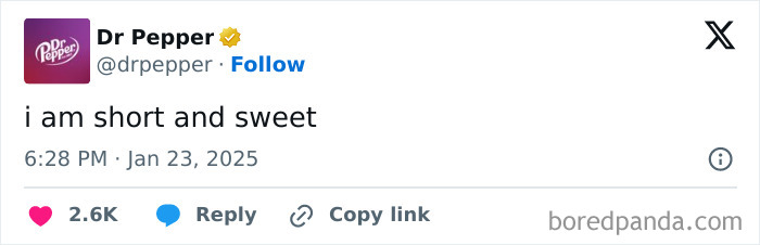 Dr Pepper’s funny official social media post saying i am short and sweet with likes and engagement icons.