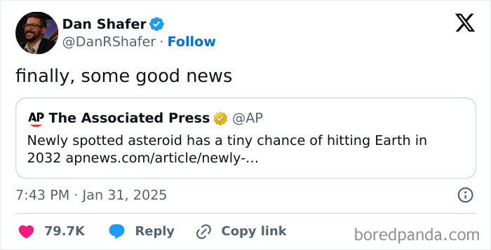 Tweet from Dan Shafer humorously reacting to asteroid news with "finally, some good news" in a funny social media post.