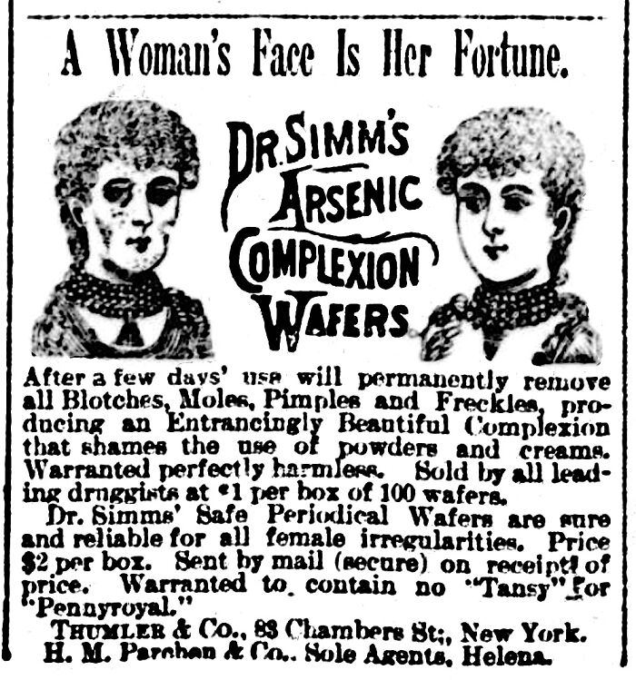 Vintage beauty gadget advertisement for complexion wafers promising to remove blemishes, pimples, and freckles from the 1920s.