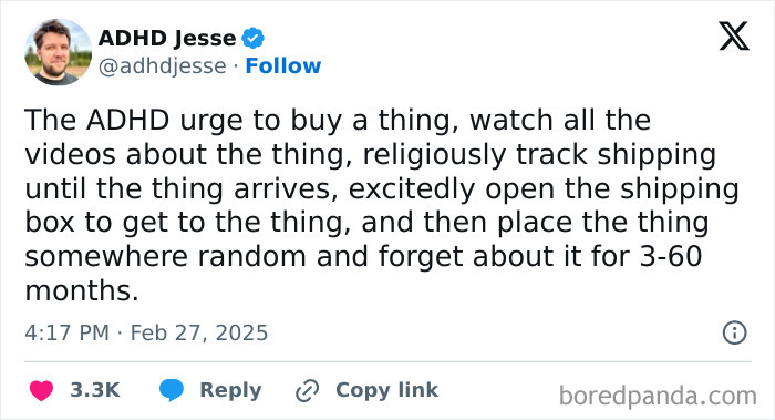 Screenshot of a tweet describing a common ADHD behavior related to impulsive buying, relatable to neurodivergents.