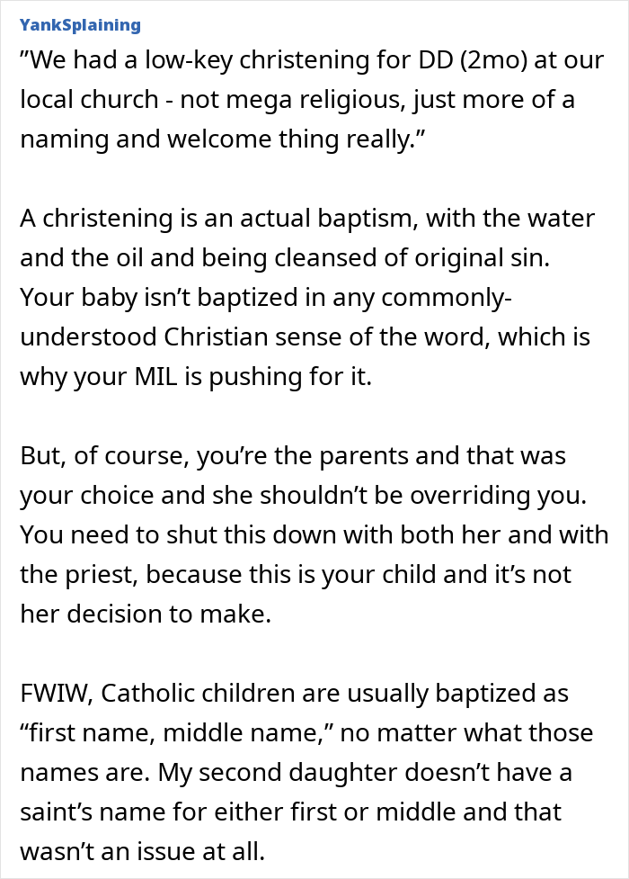 Text discussing MIL demanding a more Christian baby name and the mom feeling uncomfortable about the naming choice.
