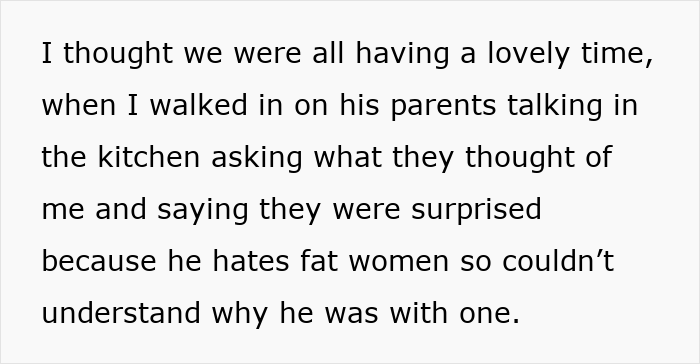 Woman shocked after overhearing boyfriend&rsquo;s parents talking about her, feeling hurt and refusing to see them again.