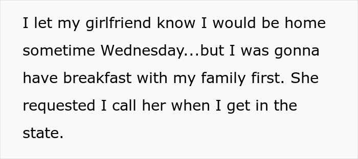 Text message describing plans to have breakfast with family before calling girlfriend upon arrival in state, best friend saw girlfriend another man.