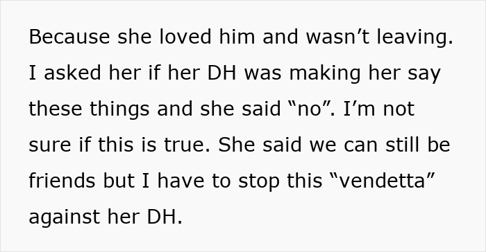 Text excerpt about a friend staying in an abusive marriage and questioning reasonableness of cutting off contact.