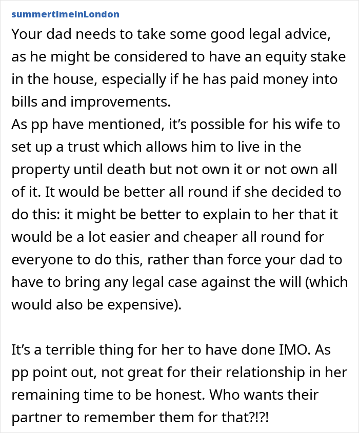 Text post discussing legal advice about equity stakes and trusts in property to prevent a partner from becoming homeless after death.