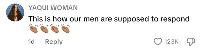 Comment from Yaqui Woman praising men who deliver vigilante justice after brute attacked woman on subway platform in viral video.