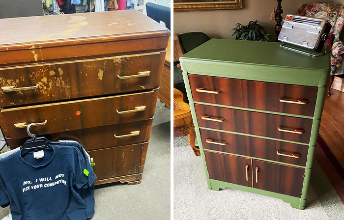Before and after images of furniture flipping showing a worn dresser transformed with green paint and wood veneer details.