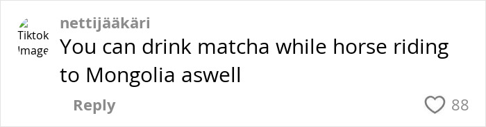 Comment on TikTok mentioning drinking matcha while horse riding to Mongolia, linked to descendant of last king of Mongolia.