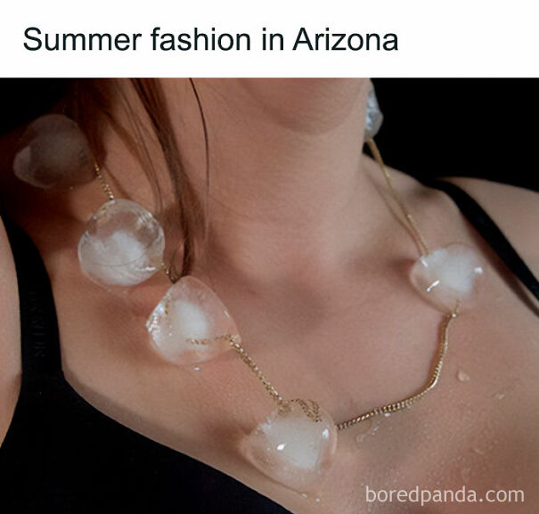 Close-up of a person wearing a melting ice cube necklace, illustrating funny summer memes about enduring the heat outside.
