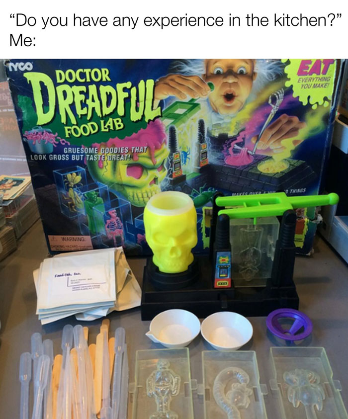 Vintage Doctor Dreadful Food Lab toy set with plastic molds and tools, nostalgic for Tamagotchis and VHS tapes fans.