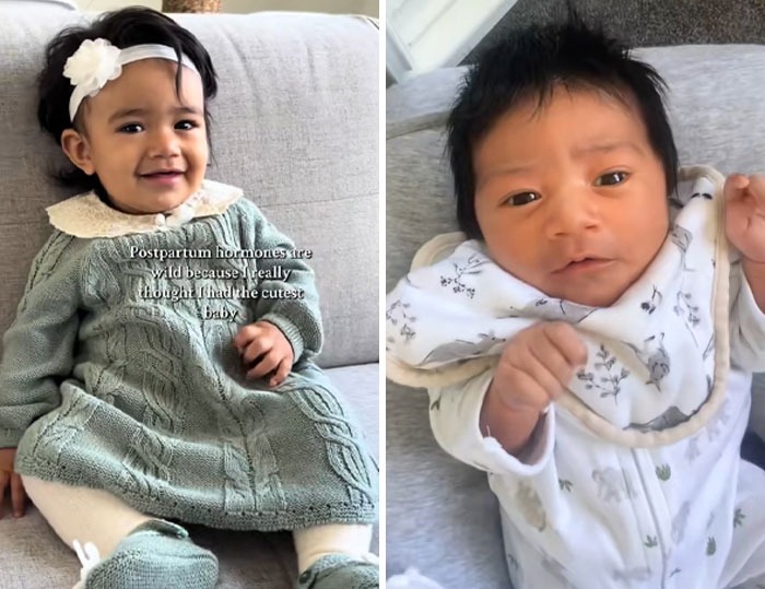 Two adorable newborns featured in a new trend showing women calling out their postpartum hormones.