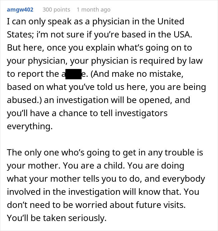 Comment from a physician discussing legal reporting obligations and abuse investigations related to a teen exposed to false hospital visits. - 19