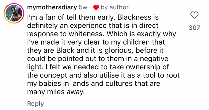 Screenshot of a social media comment discussing a mom&rsquo;s empowering reply about her toddler realizing she&rsquo;s Black.