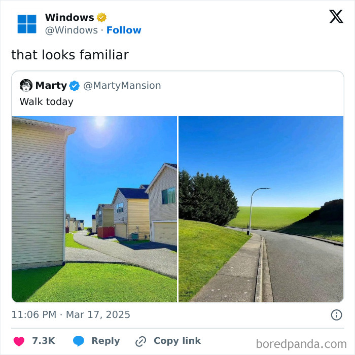 Tweet from official Windows account replying to a funny post showing two similar outdoor scenes with houses and a street.