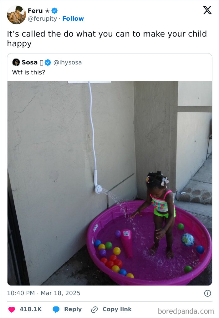 Young child playing in a kiddie pool with water sprayed from a wall, showcasing redneck engineering creativity outdoors.