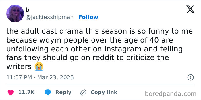 Tweet about adult cast drama highlighting funny chaos in life after 40 with social media conflicts and criticisms.