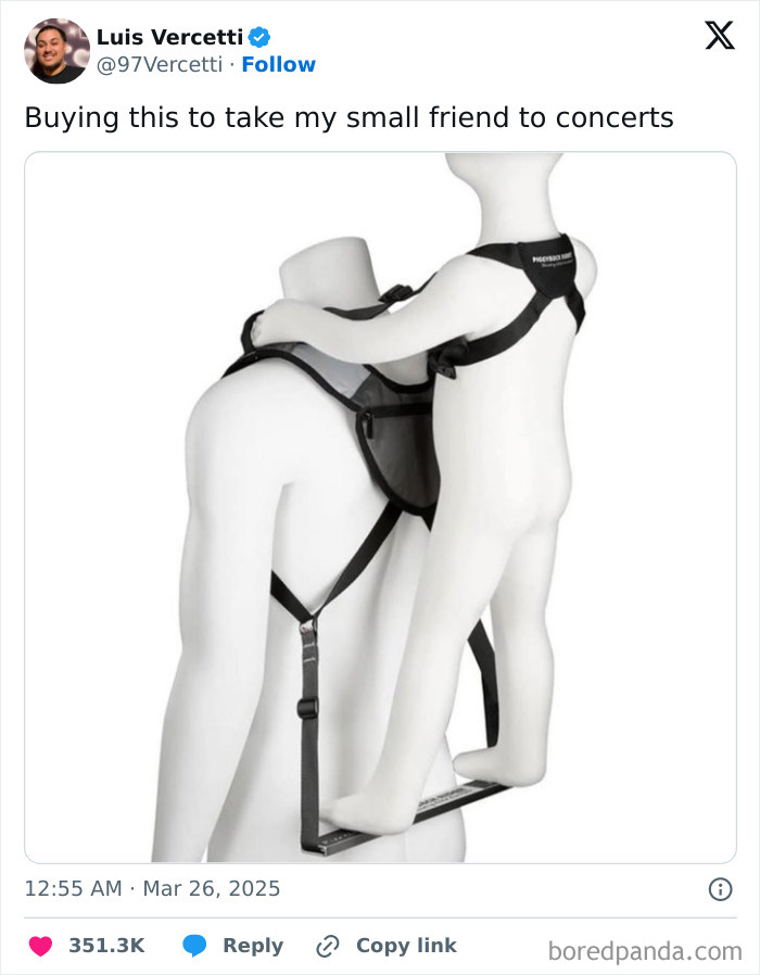 Mannequin demonstrating a chaotic meme with a baby carrier designed to carry a small friend hands-free.