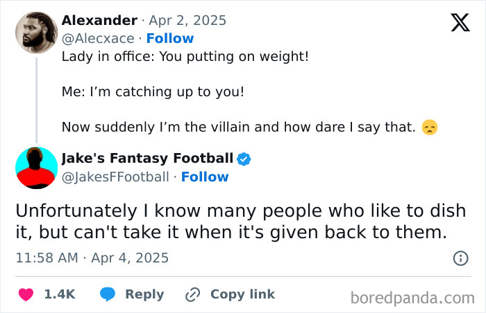 Screenshot of a humorous work meme about office banter and playful weight comments between coworkers.