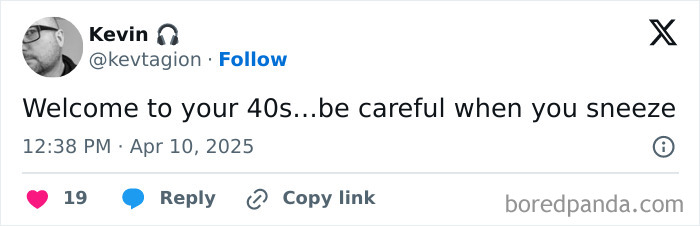 Screenshot of a humorous social media post about the chaos and challenges experienced in life after 40.