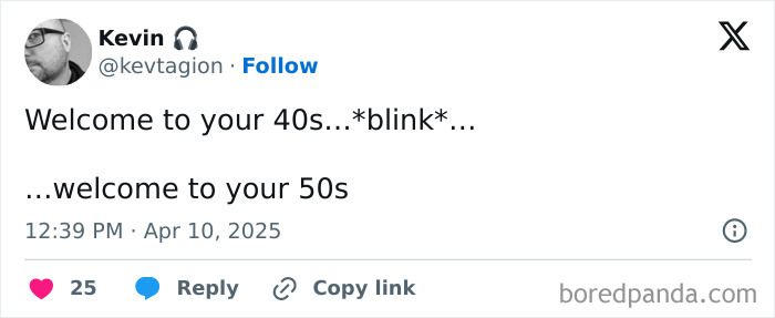 Tweet showing a humorous take on aging, highlighting life after 40 and the chaos of reaching your 50s.