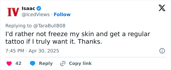 Screenshot of a social media post discussing concerns about the trendy freeze branding tattoo alternative and its risks. Screenshot of a social media post discussing concerns about the trendy freeze branding tattoo alternative and its risks.