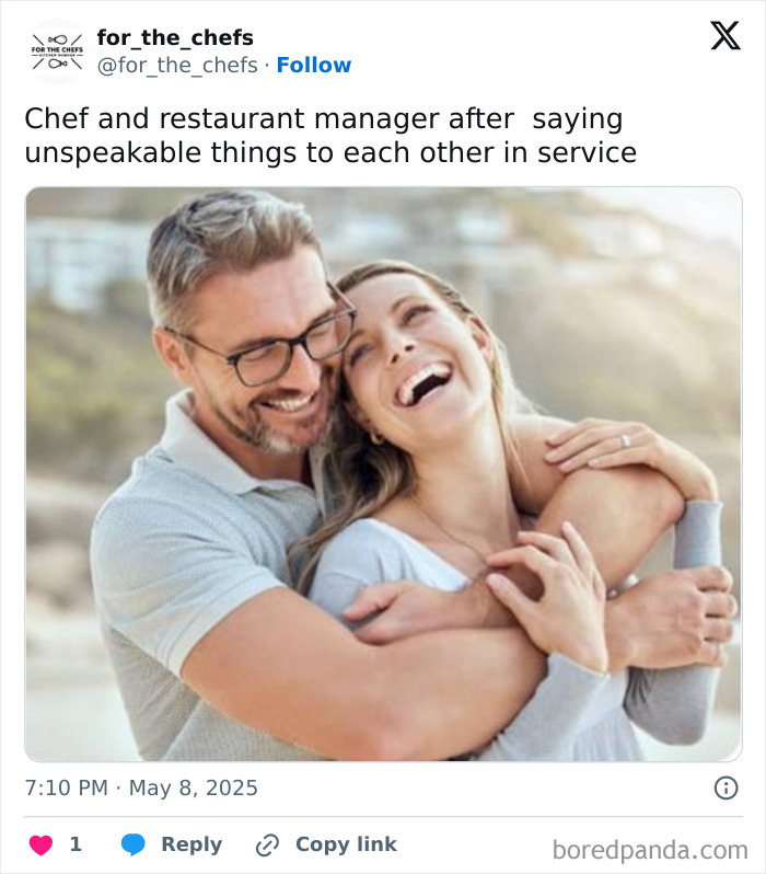Happy couple laughing together after a hectic kitchen shift, capturing relatable chef memes with humor well-done.