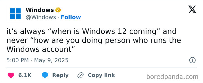 Funny social media post from Windows account joking about Windows 12 release questions and account manager.