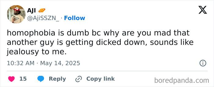 Tweet by AJI on LGBTQ+ memes, addressing homophobia and jealousy in a straightforward, humorous style.