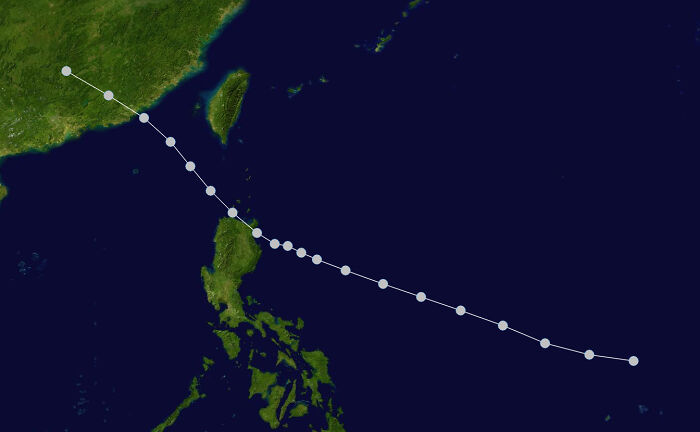 Typhoon path tracking over the ocean and land, illustrating a natural disaster larger than people could cope with.