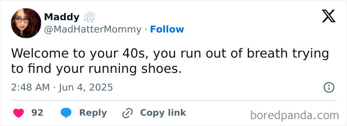 Tweet from Maddy humorously highlighting the chaos of life after 40 by running out of breath just finding running shoes.