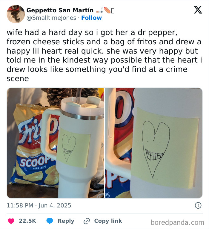 Tweet showing a snack surprise with a funny heart drawing to boost positivity when feeling down.