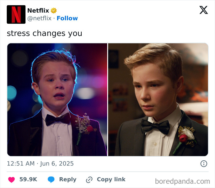 Screenshot of a funny official social media post showing two contrasting emotional expressions of a boy in formal wear.