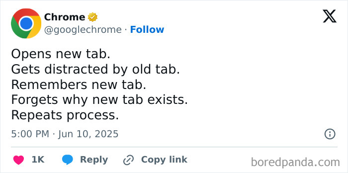 Chrome official social media post humorously describing distraction cycle with multiple browser tabs on Twitter.