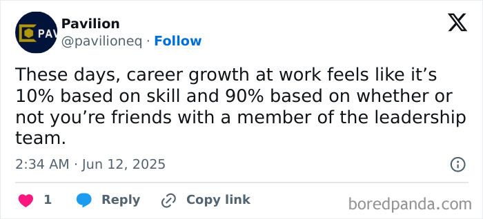 Tweet about career growth at work highlighting friendship over skill, featured in funny work memes to keep you motivated.