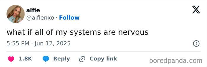 Screenshot of a humorous social media post with a relatable caption about feeling nervous, fitting the 30s memes theme.