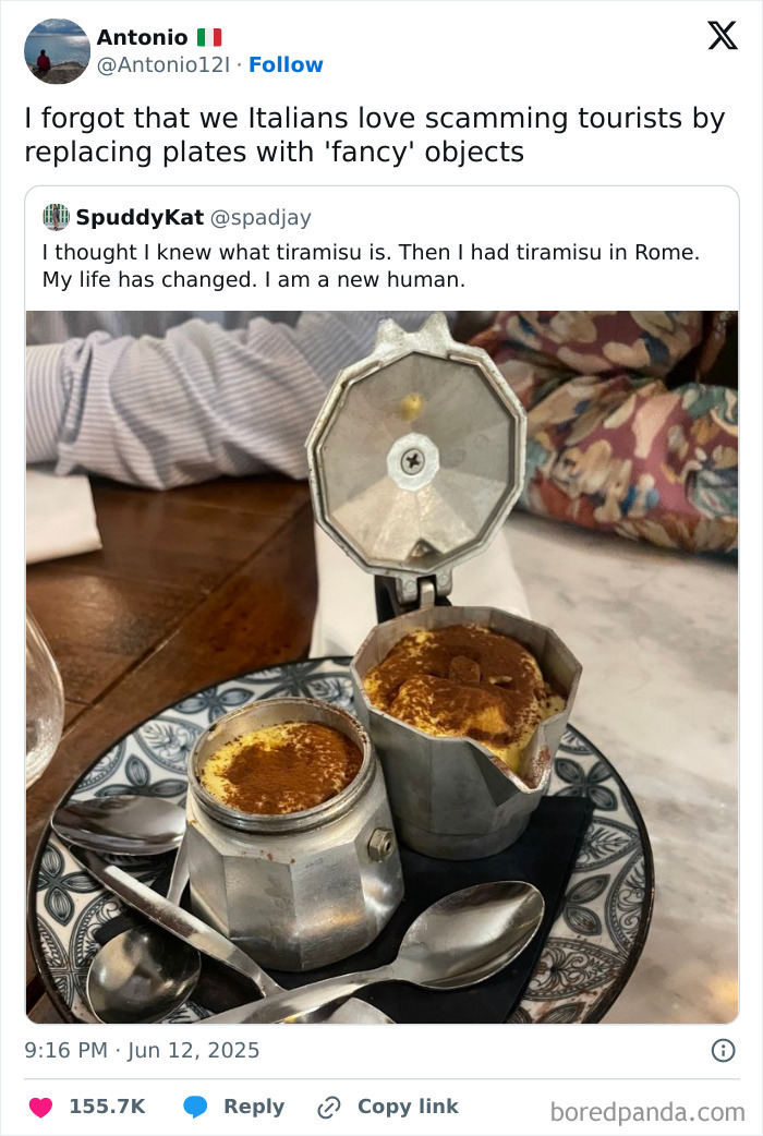 Tiramisu served inside traditional coffee makers on a decorative plate with spoons, an unholy meal presentation.