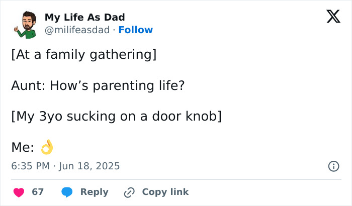 Screenshot of a funny parenting tweet showing a dad humorously responding to questions about parenting life.
