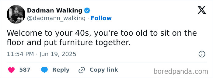 Screenshot of a hilarious tweet about the chaos and challenges of life after 40, highlighting age-related humor.
