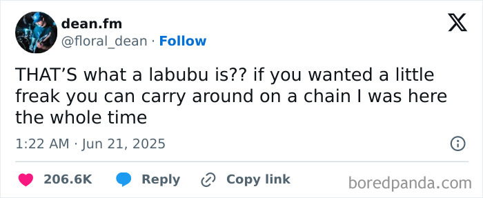 Screenshot of a tweet humorously discussing the Labubu doll as a quirky accessory sparking viral online memes.