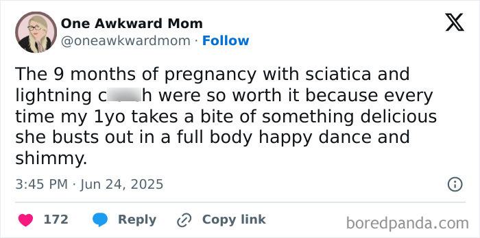 Tweet from a mom sharing a funny parenting moment amidst pregnancy pain and joyful toddler dancing.