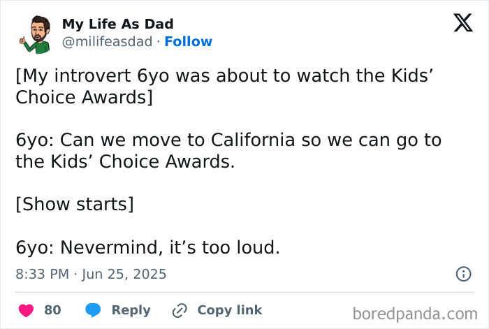 Funny tweet from a parent sharing a humorous moment with their introverted 6-year-old about the Kids’ Choice Awards.