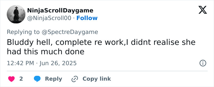Tweet from NinjaScrollDaygame reacting to the world's prettiest footballer's stunning transformation and cosmetic rework.
